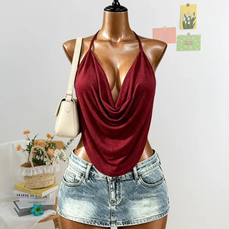 Sexy Halter Neck Design Drape Crop Top for Women, Trendy Chic Asymmetrical Hem, Casual Sleeveless Backless Fashionable Summer Wear, Stylish Ladies' Clothing, Cropped