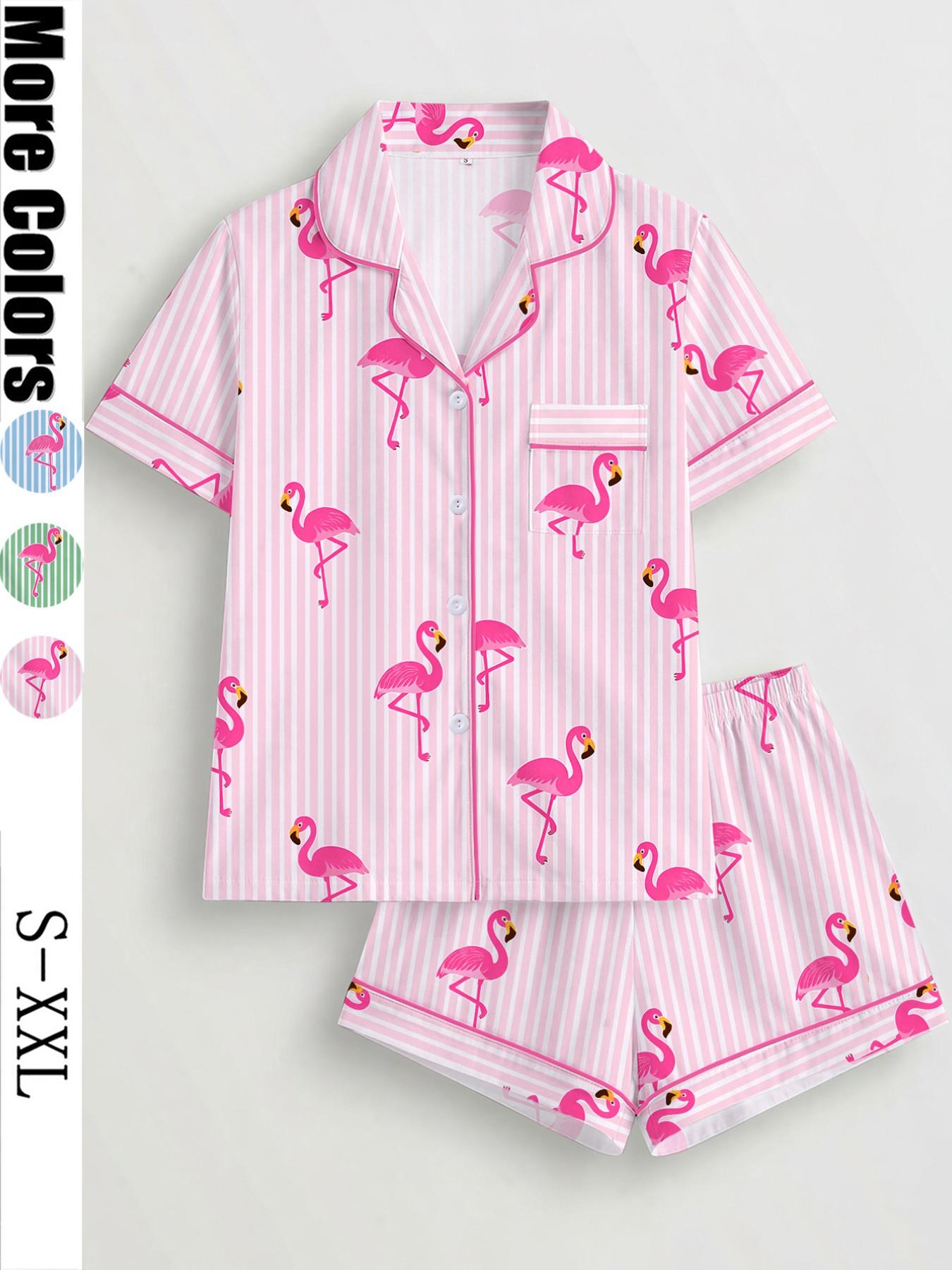 Women's Striped Flamingo Print Pajama Set Pjs, Short Sleeve Button-Up Top & Elastic Shorts, Casual Loungewear Outfit & Pajamas for Home Wear, All Seasons