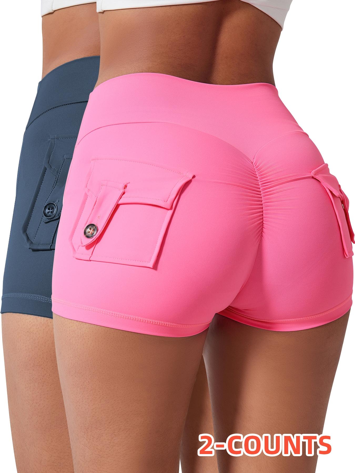 Women's Solid Button Pocket Sports Shorts, High Waist Comfy Breathable Ruched Skinny Sports Shorts for Yoga Gym Workout Running, Ladies Sportswear for Fall & Winter, Breathable Fitness Shorts