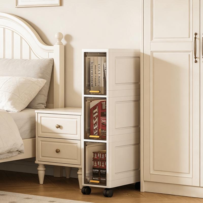 Space-saving rolling storage cabinet, Freestanding storage cabinet, flexible movement, layered storage, stable placement, suitable for balcony, bathroom, study room, multi-layer shelf, thickened material, narrow flip-top style