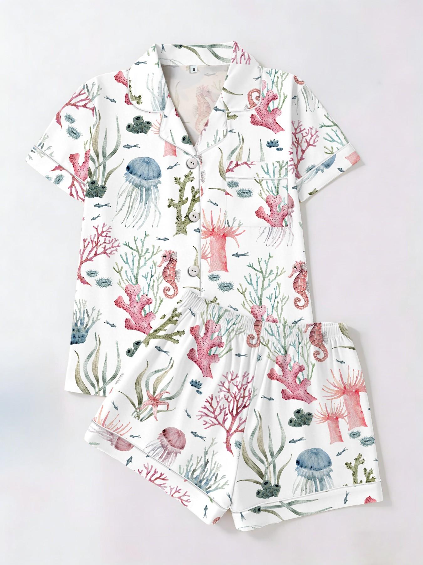 Women's Short Sleeve Button Down Top and Shorts Pajama Set, Spring Summer Wear, For American Retro Vacation Girls, White Base Vintage Ocean Print, Classic Lapel Collar, Loose Straight Fit, Comfortable For Home & Outings