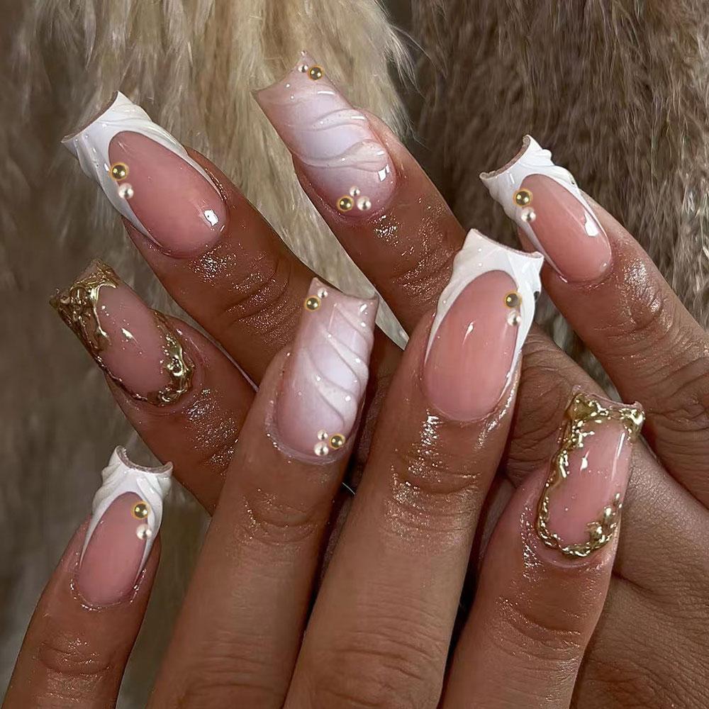 24pcs 3D Gel Nail Art Set, Ocean & Hibiscus Design, Square French Tips, Acrylic False Nails, Includes Adhesive & File, Perfect for Daily Use & Parties