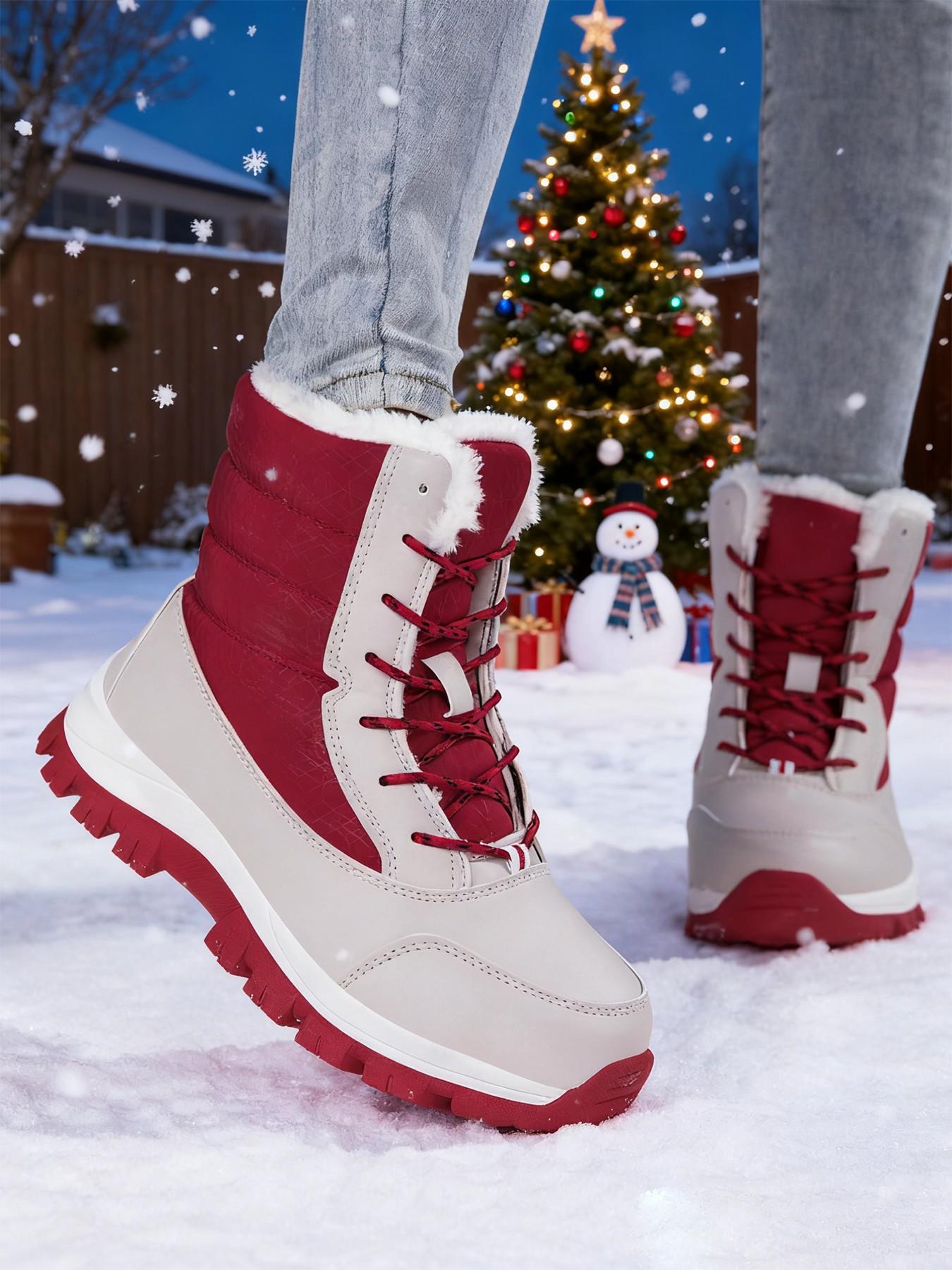 Women's Lace Up Hiking Boots, Sporty Warm & Non-slip Snow Boots for Outdoor Activities, Sports Shoes for Women