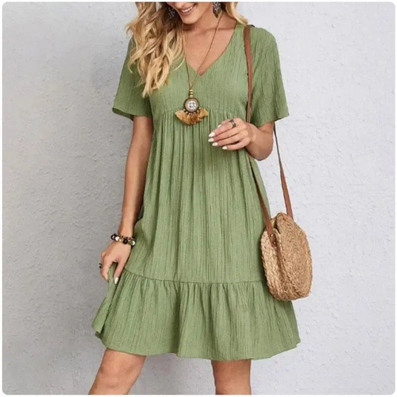 Women's Minimalist Casual Wear Basic Short-Sleeve Peplum Dress - V-Neck, Loose Waist, Ruffle Fit-Flare, Spring Vocation Summer Dress for Women