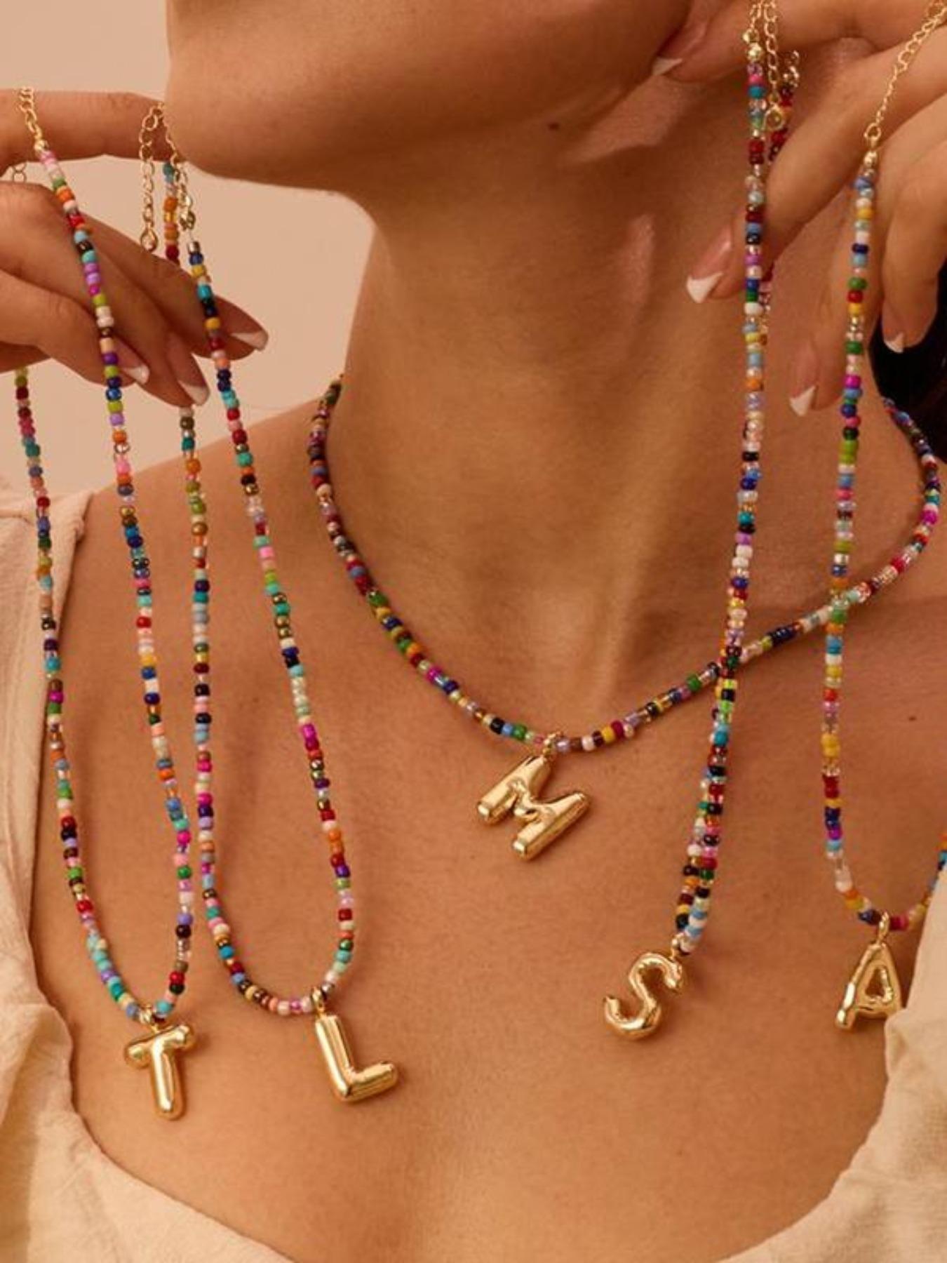 Women's Colorful Letter Necklace, Bubble Initial Necklace, Handmade Beaded Jewelry, Bohemian Beach Style, Perfect Gift, High-Quality Fashion Accessory