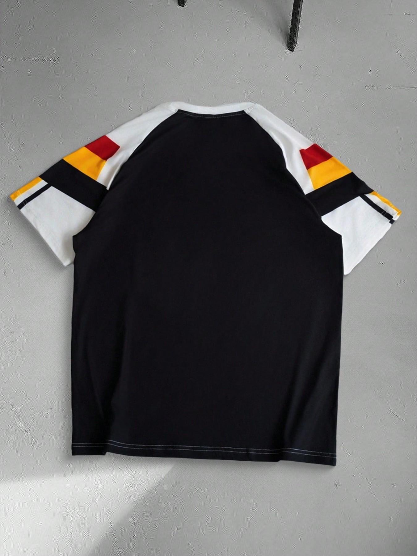 Y2K Street Color Block T-shirt | Black, White, Yellow, and Red Contrast Design, Retro Sports Color Block T-shirt with New York City Logo, Men's Casual Loose Version, Trendy Hip Hop Soccer Team Uniform Aesthetics, Daily Street Dressing