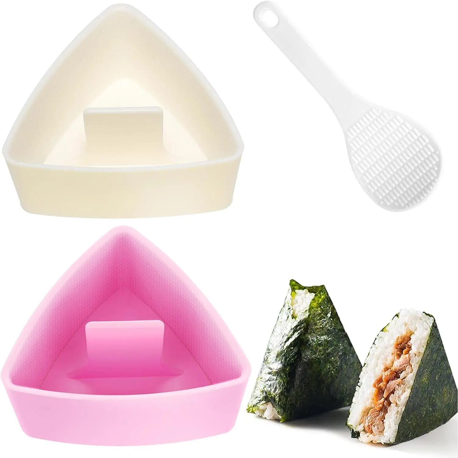 Thick Synthetic 2 Triangle Onigiri Mold Set, DIY Sushi Prep Tool with Bumpy Texture & Paddle, Easy Demold Kitchen Utensil for Lunch Bento Making, Two Piece Set