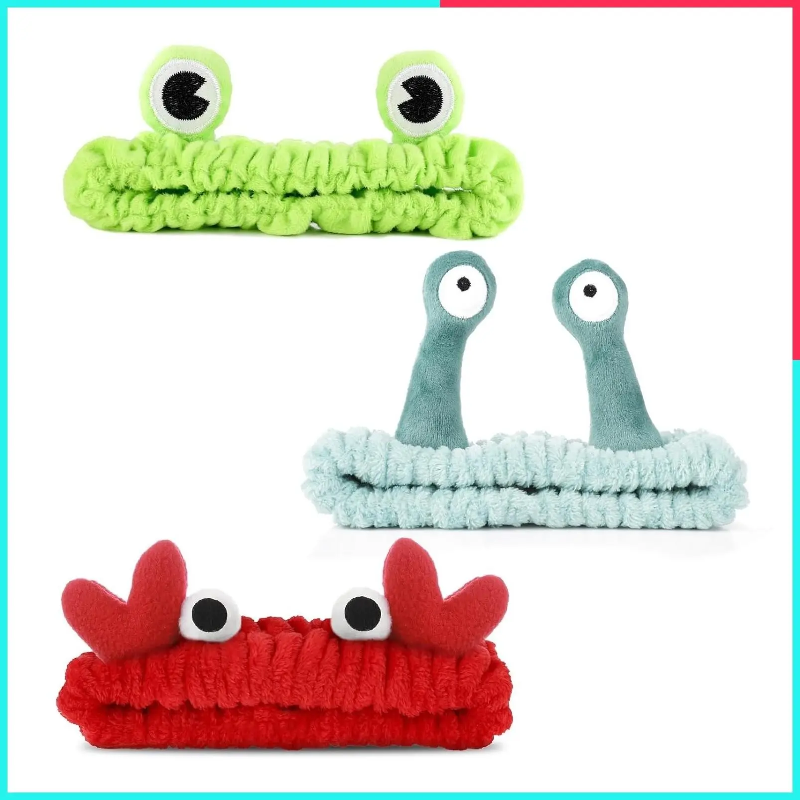 3 Pack Cute Cartoon Spa Headband - Soft Elastic Face Wash Hairband, Makeup Head Wraps with Frog Snail Crab Patterns, Shower Hair Accessories for Beauty Skincare & Sports