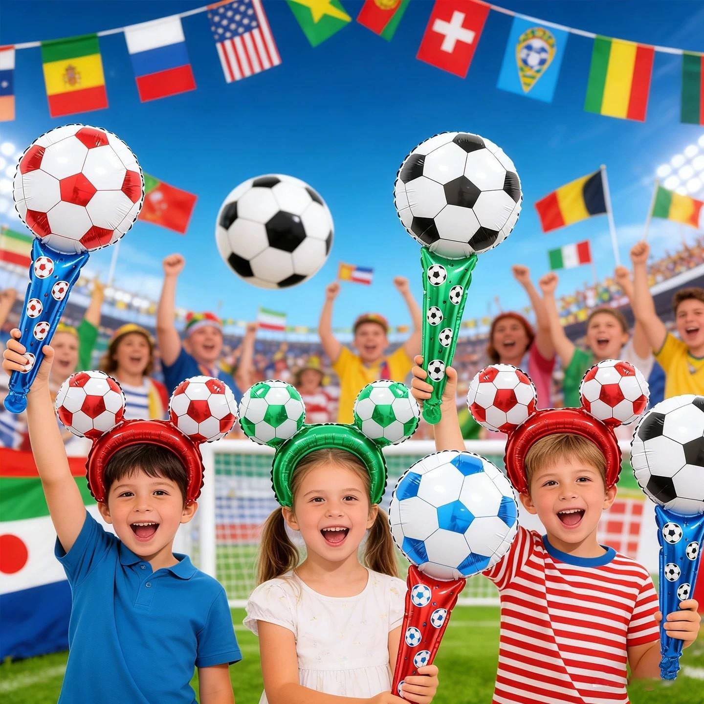 8pcs 2026 World Cup-themed Set of 4 Soccer-Shaped Headbands and 4 Handheld Cheer Sticks with Foil Balloons—World Cup Party Decorations, Props, and Photo Backdrops