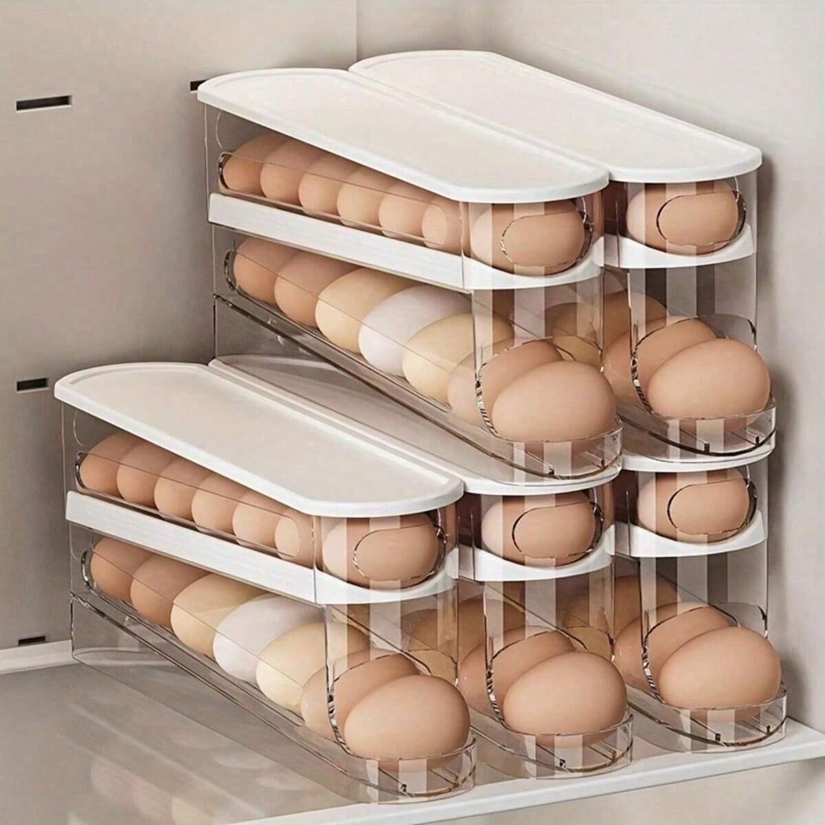 Double-Layer Refrigerator Egg Tray, Rolling Egg Dispenser, Automatic Repositioning, Transparent Plastic Storage Container, Space-Saving, Fridge Organizer, Refrigerator Accessories