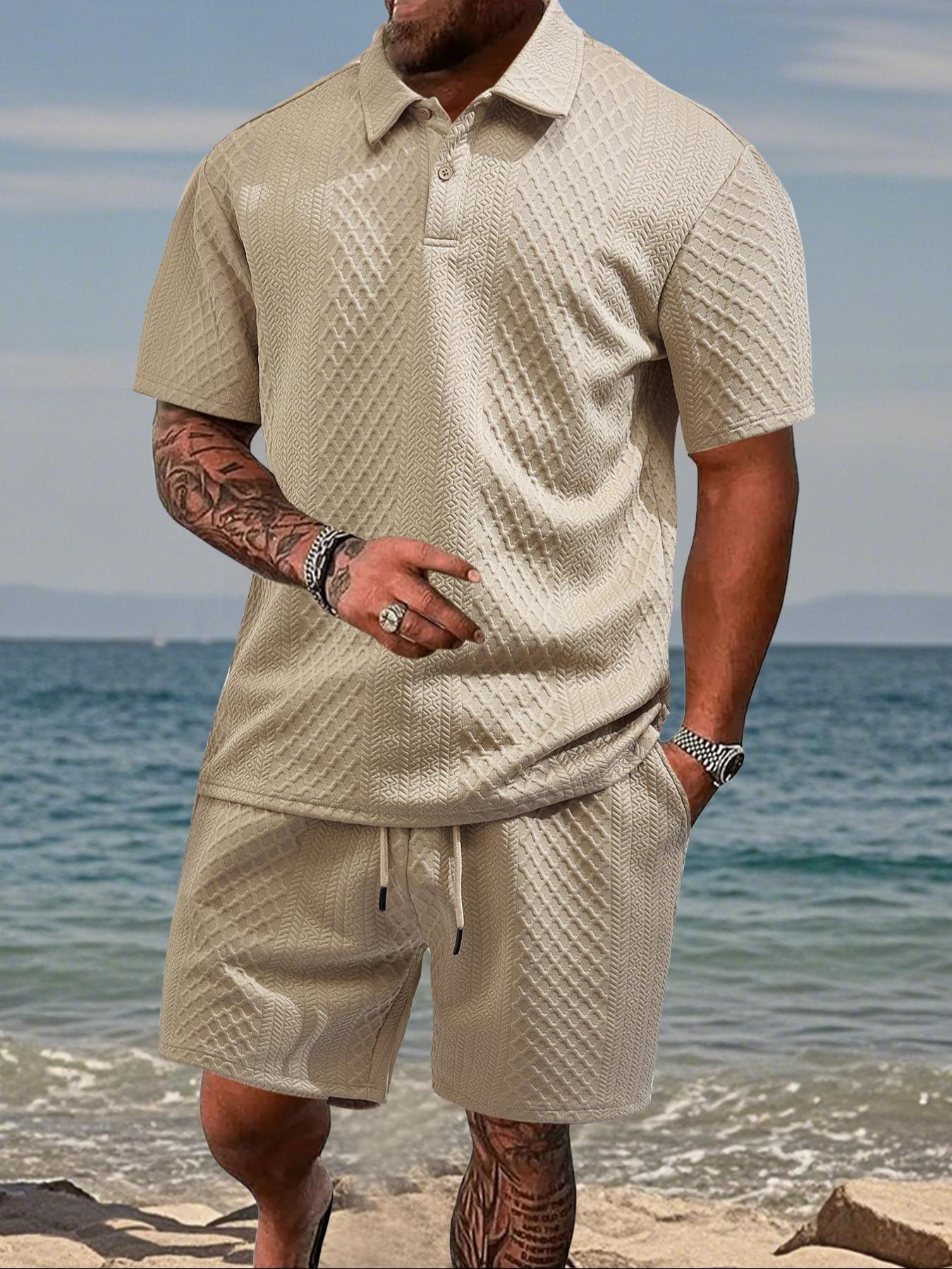 Two-Piece Set Men's Solid Color Textured Short Sleeve Polo Shirt & Drawstring Waist Shorts Set, Regular Fit Casual Fashion Cozy Breathable Two-piece for Summer, Men Clothes Set for Beach Vacation