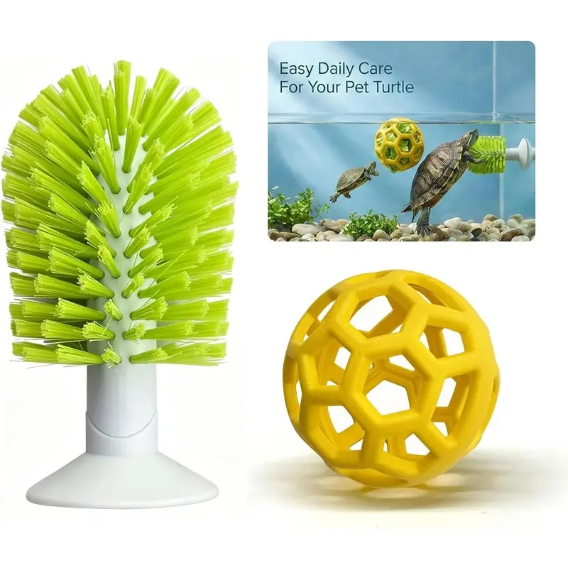 Turtle Tank Accessories, Tools, Shell Brush & Feeding Kit for Aquatic Pets, 2-Piece Set, Suction Cup Shell Brush, Interactive Feeding Ball, for Aquatic Turtle Tank Cleaning & Foraging