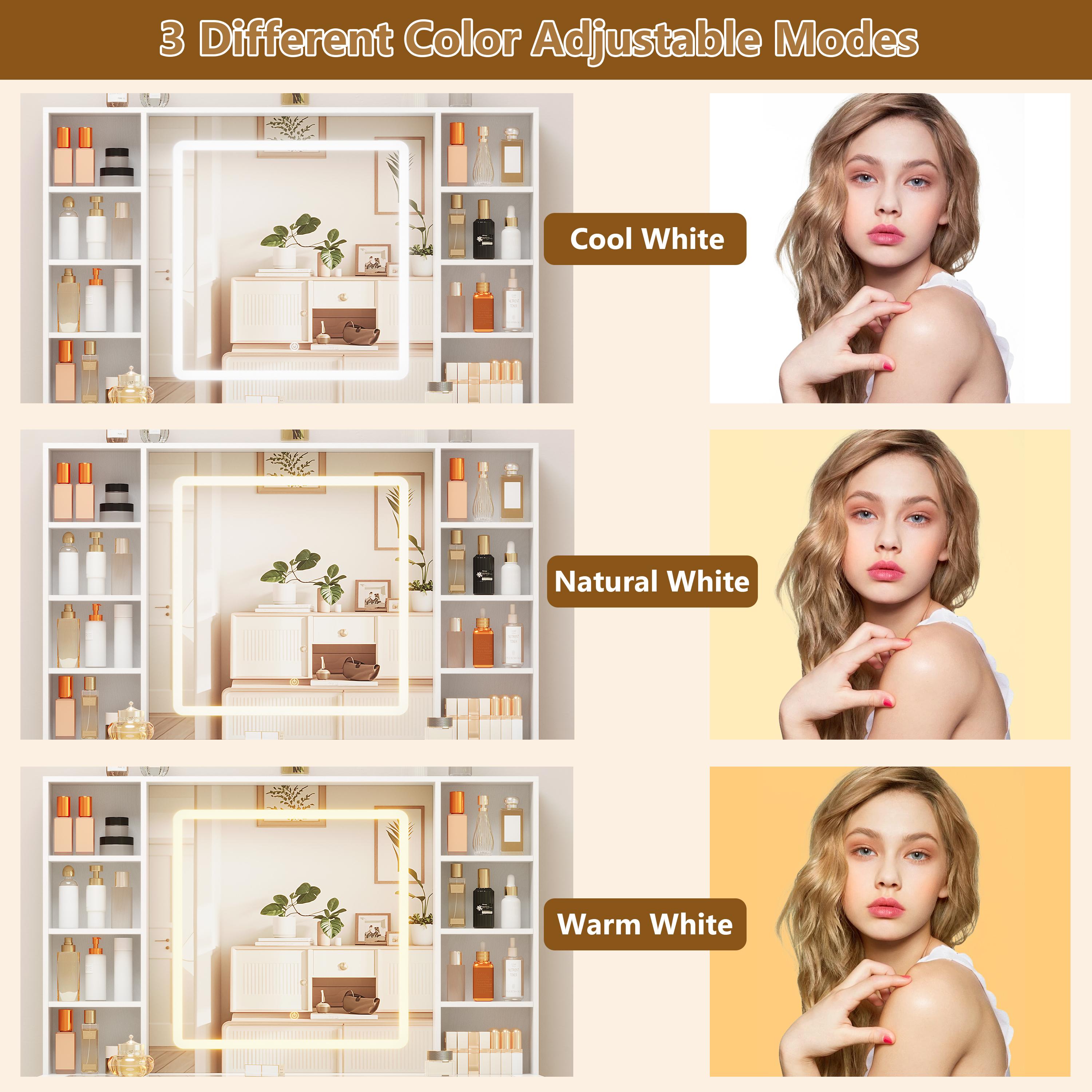 Led Light White Vanity Desk with Mirror and Lights, Glass Top Vanity with Lighted Mirror & RGB Cabinet and 3 Drawers, Dressing Table with 8 Shelves, Modern makeup vanity，Makeup Desk with Lights for Girls Bedroom,