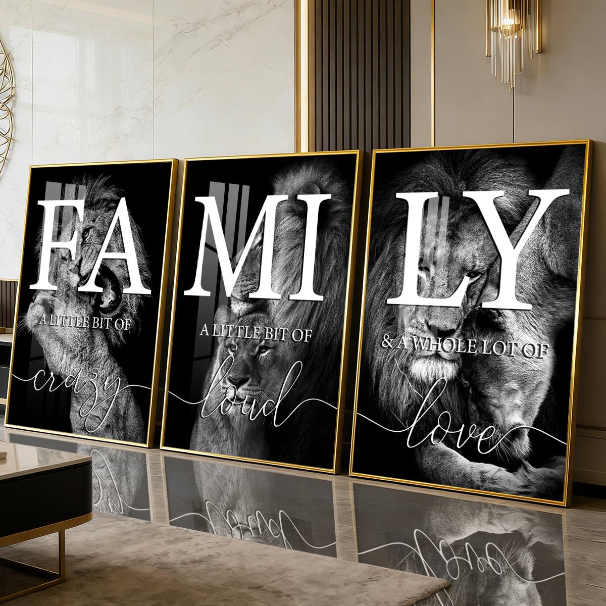 3 Counts Aluminum Alloy Framed Painting, Family Lion Wall Art Black And White Animal Poster, Home Decoration For Living Room, Bedroom, Office, Restaurant, Hallway Wall Decor, Odorless Print Artwork, Luxury Perfect Gift For Friends And Family