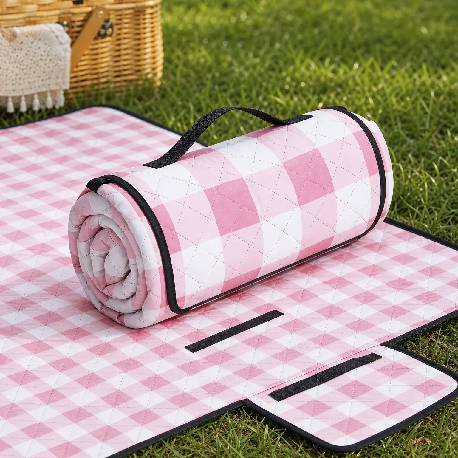 Extra Large 80''x60'' Waterproof Foldable Gingham Picnic Blanket for Beach, Camping, Grass, Lawn, Park - Cute Couple Wedding Gift Idea, PinkGift