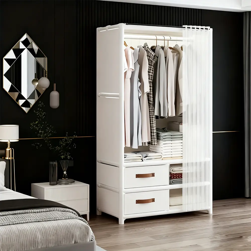 Black & Beige Portable Fabric Wardrobe with Transparent Dustproof Curtain, Freestanding Clothes Closet with Hanging Rod, Multi-Tier Storage Shelves and 2 Fabric Drawers for Bedroom Dorm Apartment