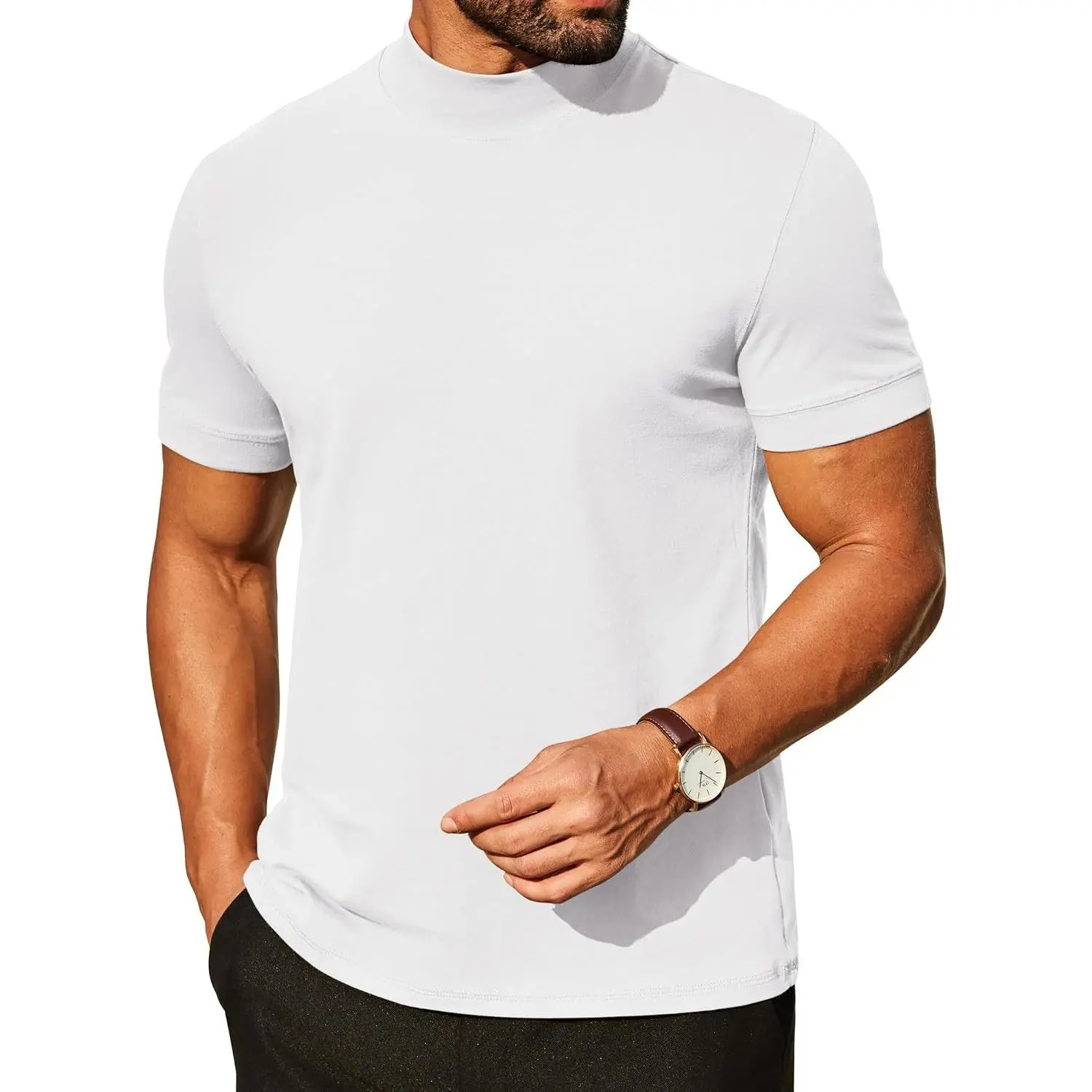 Mens Casual Premium Cotton Mock Turtleneck Short Sleeve T-Shirt Basic Half Neck TopGift