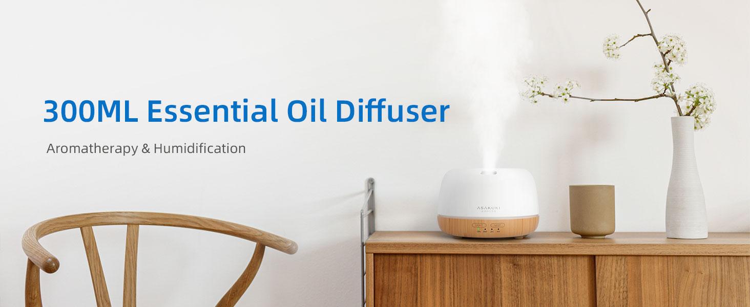 ASAKUKI Essential Oil Diffuser, 300ml Ultrasonic Aromatherapy Oil Humidifier with 7-Warm Color Lights, Remote, Waterless Auto Shut-Off, 2Cool Mist Mode, Quiet Airfreshener Led Fragrance Machine, Holiday Gift