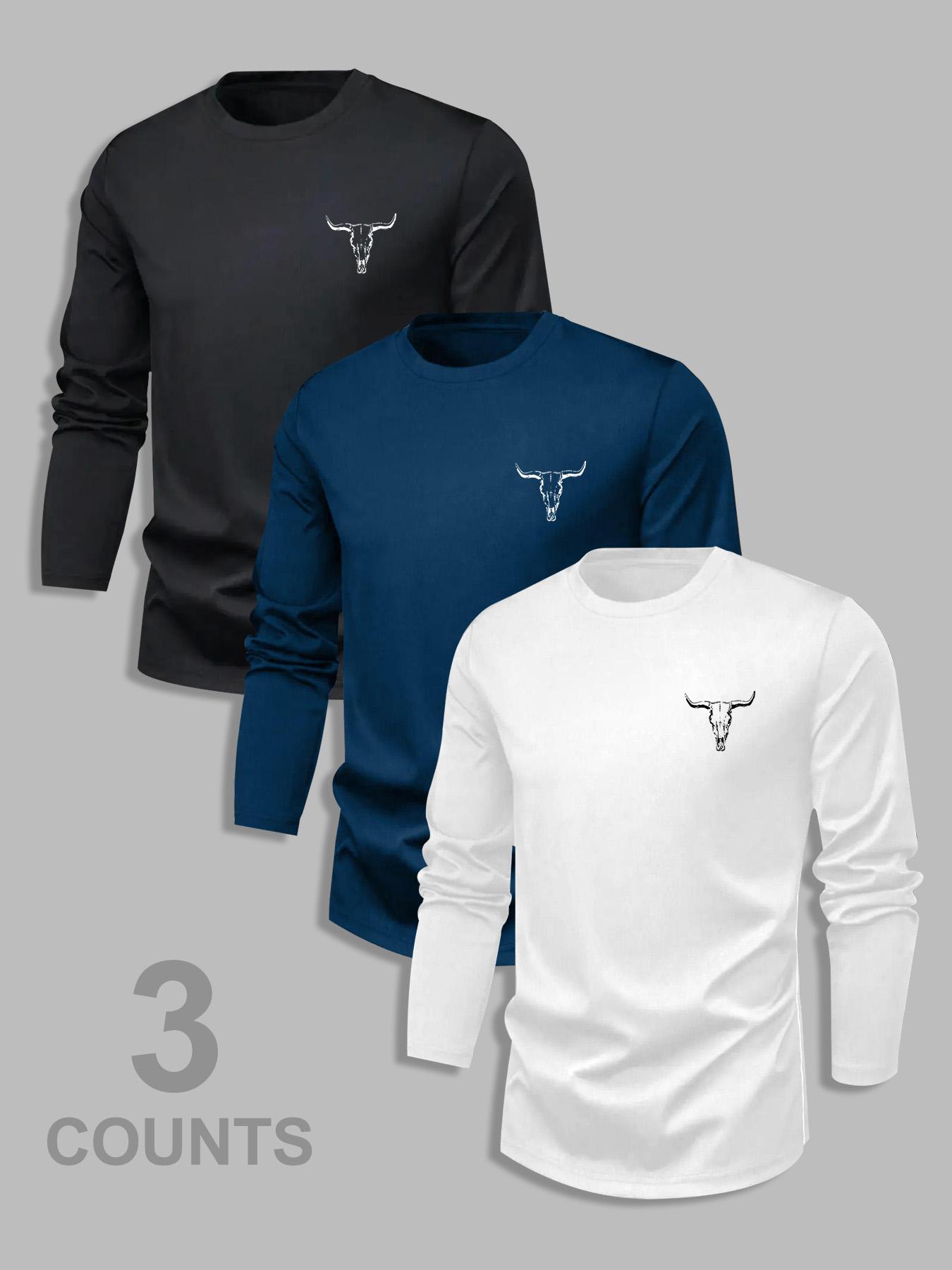 Men's Classic 3-Piece Set with Bull Graphic Pattern Print Long Sleeve T-Shirt, Casual Spring & Fall Layering Top, Fitted Comfortable Attire