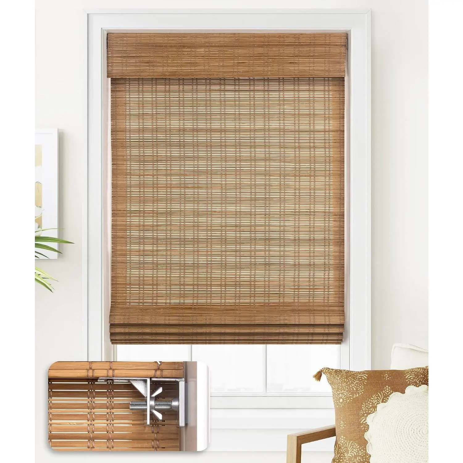 No Tools No Drill Cordless Bamboo Roman Shades, Custom Light Filtering Window Treatment, Roll Up Bamboo Blinds for Windows, Tuscan B