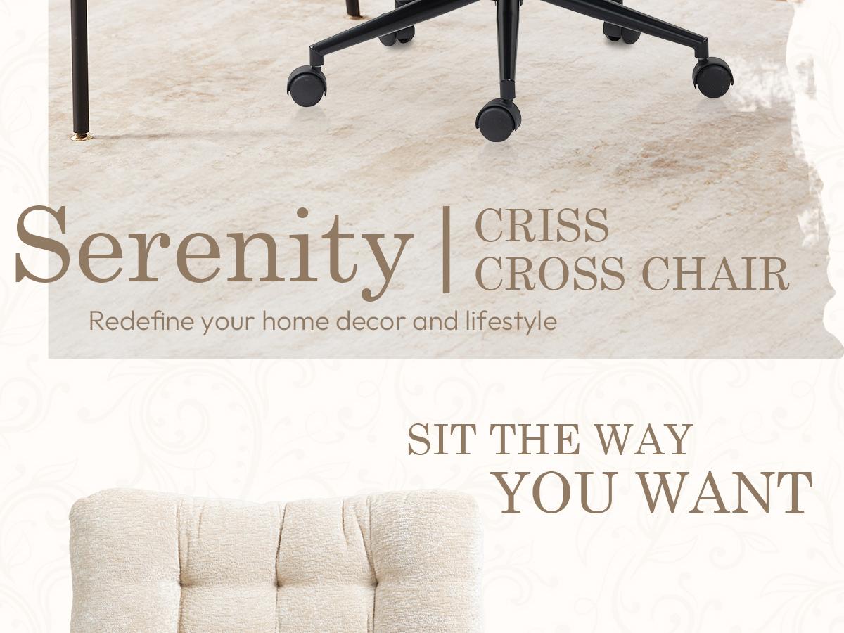 Dowinx Criss Cross Chair with Wheels, Dual-Layer Thickened Cushion Cross Legged Office Chair, Premium Fabric Morden Home Vanity Chair Wide Seat, Adjustable Swivel Computer Desk Chair