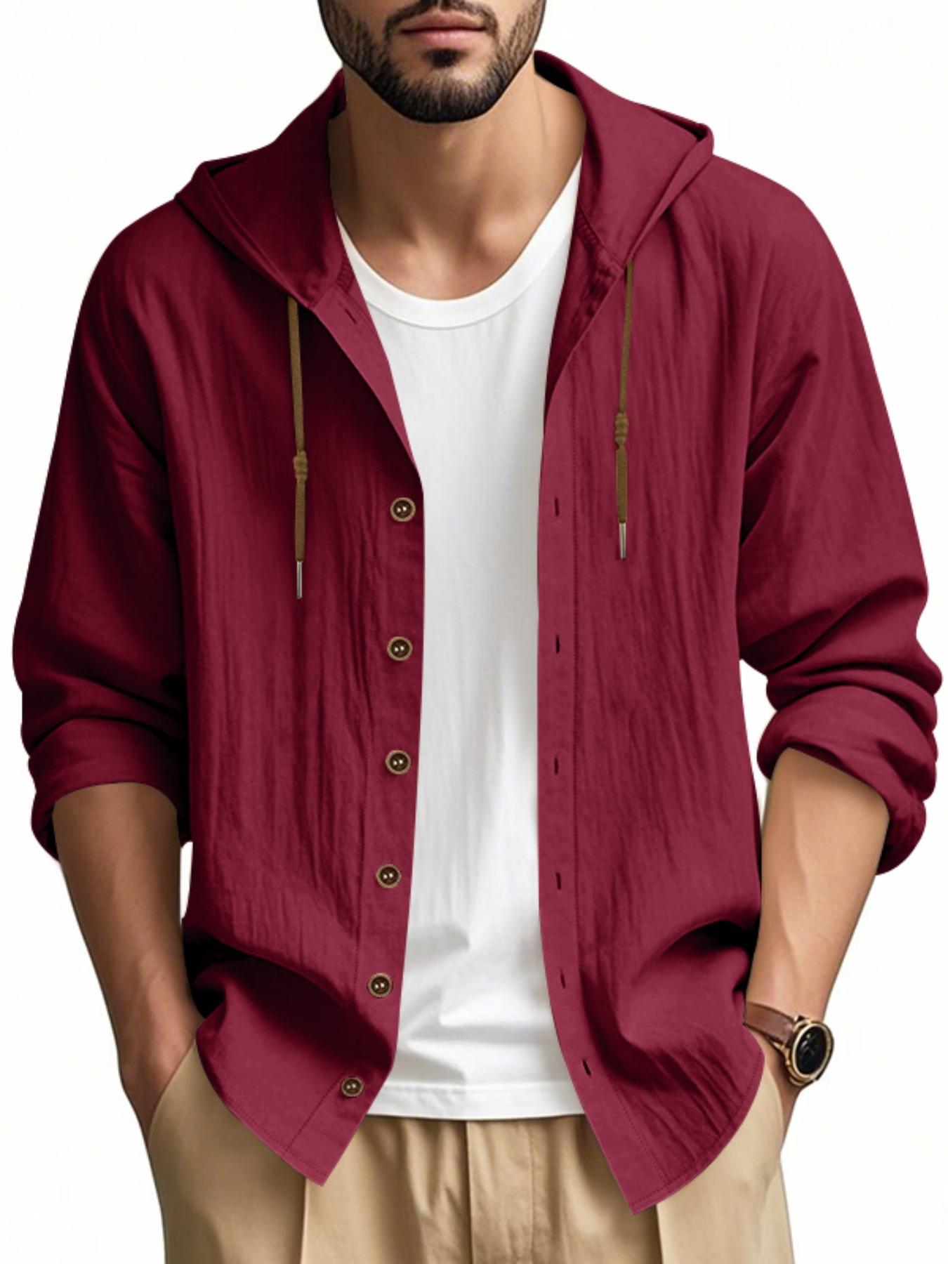 Hooded Linen Long Sleeve Shirt Jacket, Hawaiian Style Casual Loose Fit, Drawstring & Button Design, Spring & Fall Fashion, Beach Vacation Essential