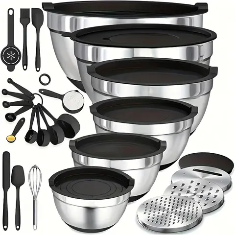 Mixing Bowls with Airtight Lids, 6PCS Stainless Steel Nesting Mixing Bowls Set, 3 Grater Attachments & Non-Slip Bottoms, Black Kitchen Bowls, Baking & Serving