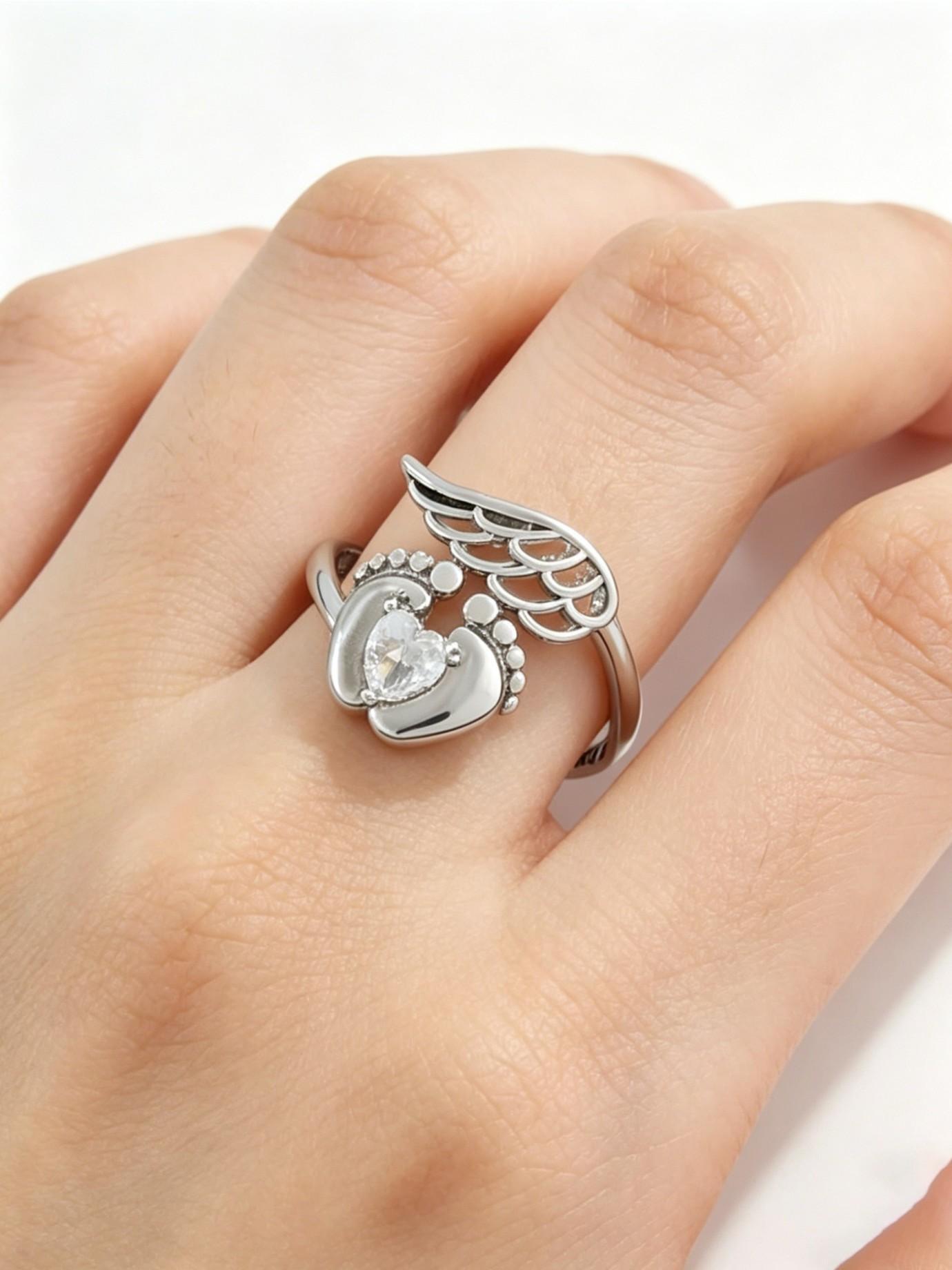 Angel Mom Memorial Jewelry Set, Baby Footprint Wings Bracelet and Ring, Comfort Gift for Loss of Child, Mother's Day Keepsake