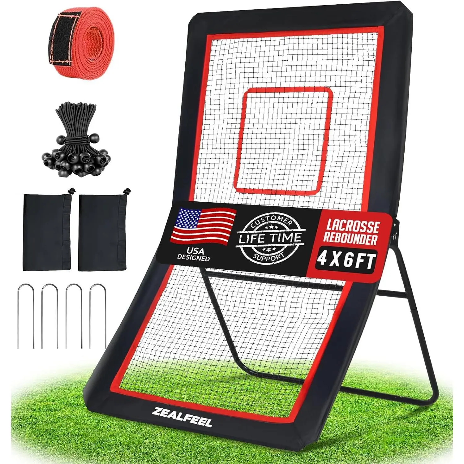ZEALFEEL Lacrosse Rebounder with 5 Adjustable Angles, 4x6FT/4x7FT | Lacrosse Rebound Net with Target Strip & Anti-rust Steel Frame, Perfect for Lax Baseball Volleyball & Soccer Training