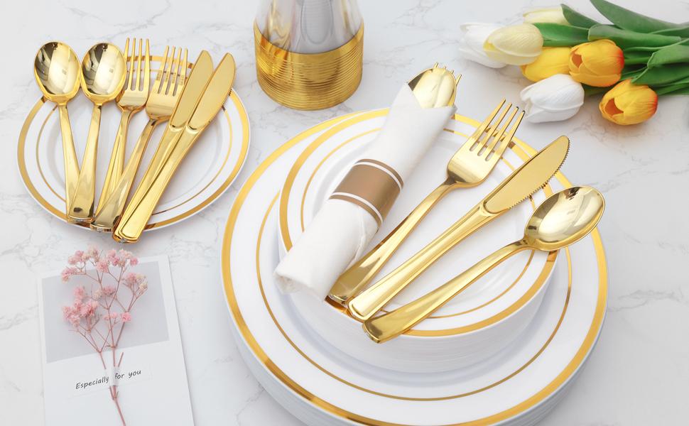 GOODLUCK Thick Plastic Dinnerware Set (350PCS for 50 Guests) - Disposable Plates, Plastic Cups, Disposable Spoons, Napkins, Reusable Option for Weddings, Baby Showers, Christmas, Business Events