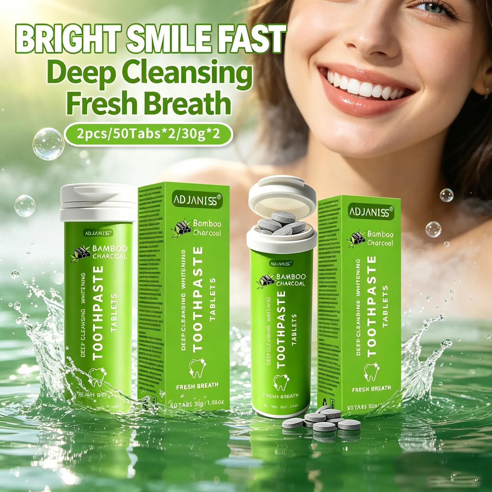 2 pcs/30g*2 Natural Bamboo Charcoal Teeth Whitening Toothpaste Tablets, Teeth Whitener, containing hydroxyapatite, probiotics, xylitol, helps remove yellow stains and dirt, cleans teeth, deep cleans for whiter teeth and brighter smile