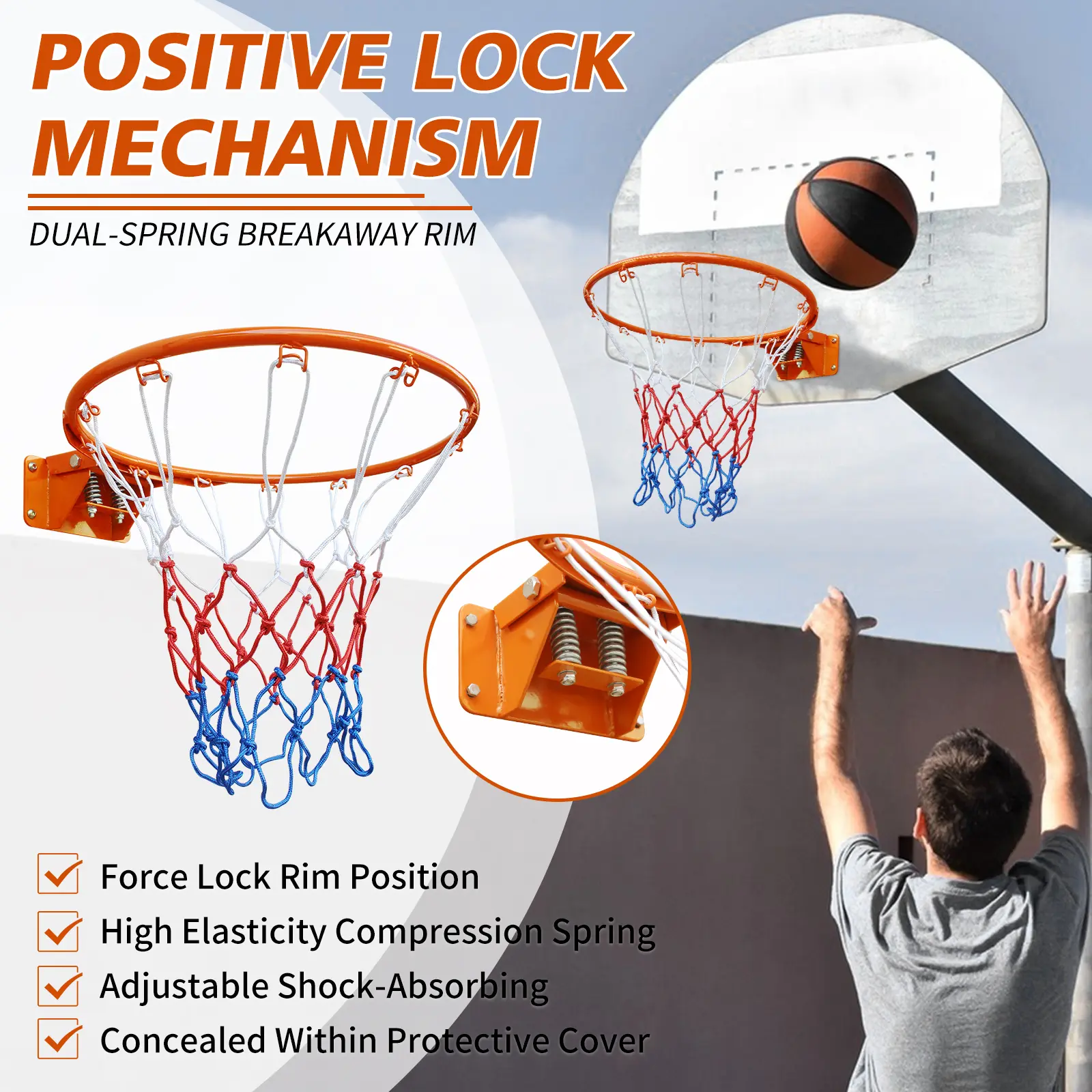 Basketball Double Spring Solid Rim, 18" Steel Basketball Rim for Indoor and Outdoor