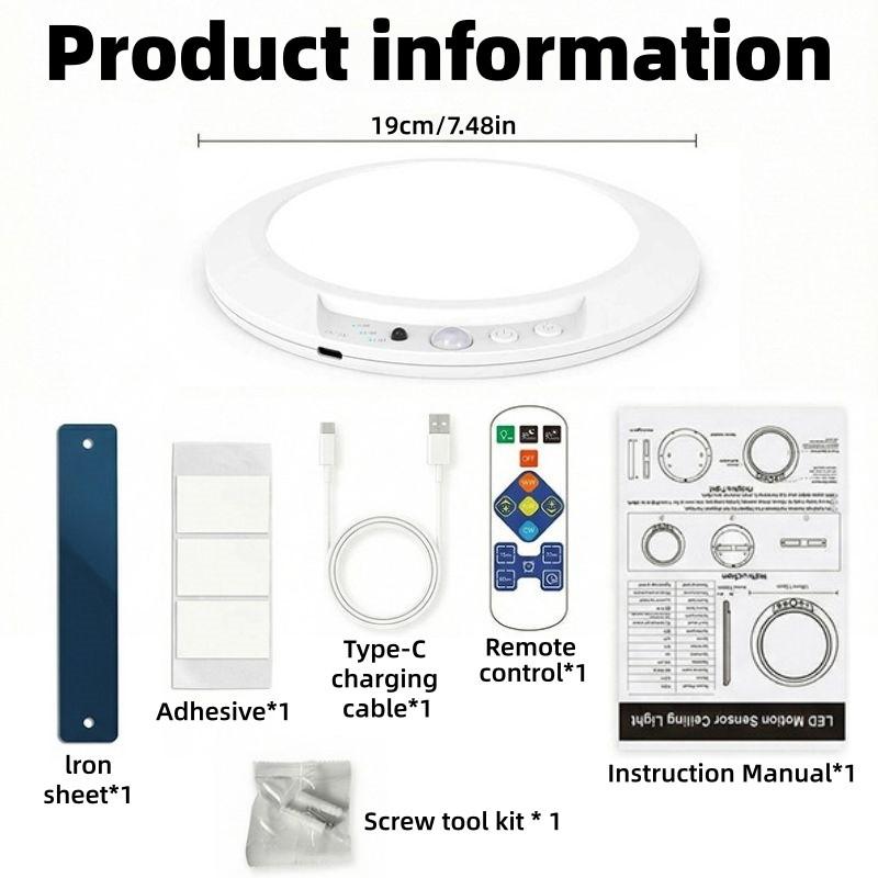 Smart Motion Sensor Ceiling Light, Indoor Lighting, Infrared Remote Control, Wireless, Automatic Dimming, Timer Switch, Color Temperature Adjustable, Type-C Charging #GLOBAL PICKS