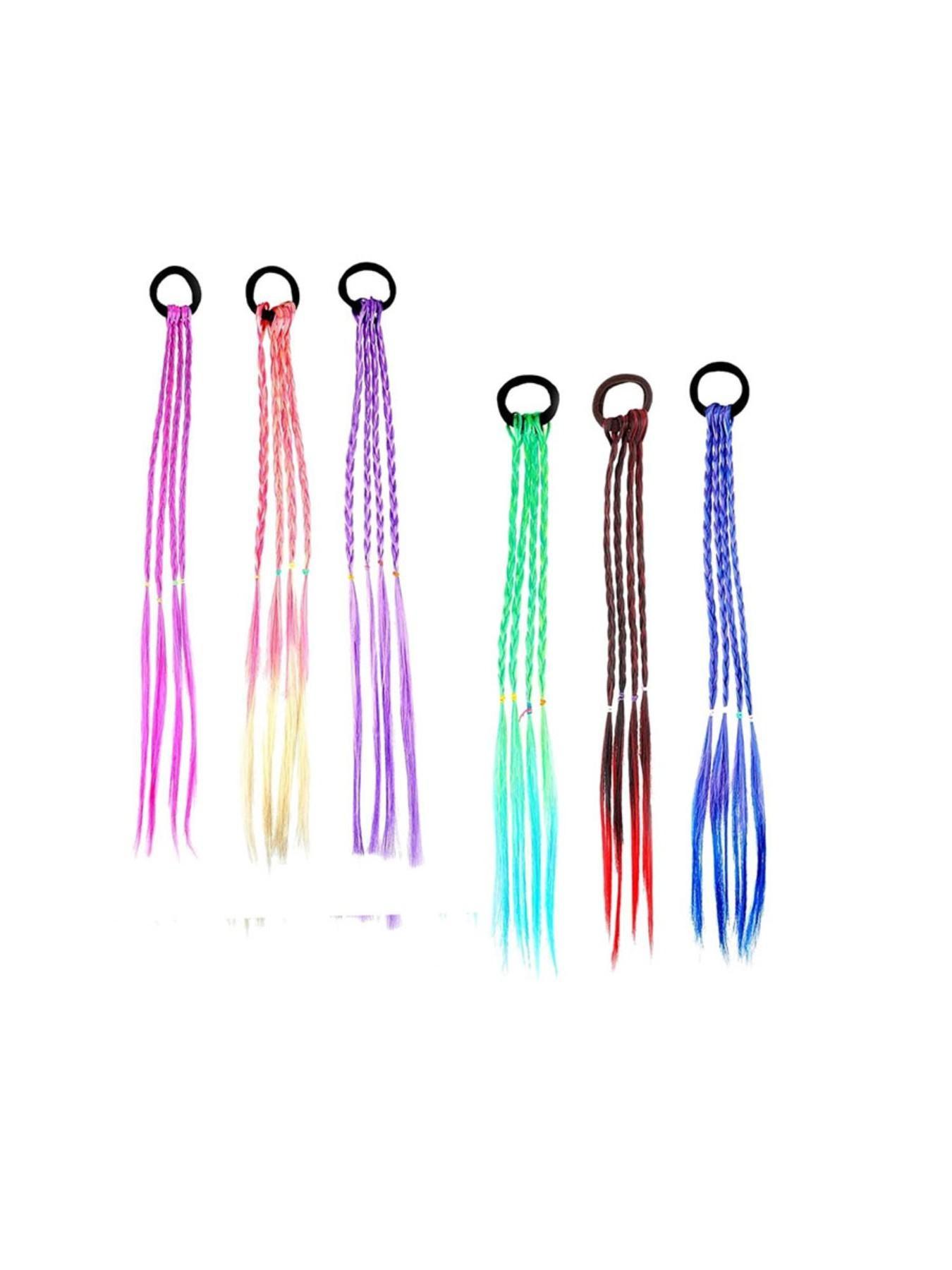 Girls' rainbow braid hair extensions, children's ponytail hair extensions, girls' hair accessories, challenging braid hair extension styles, 6 crazy accessory headbands
