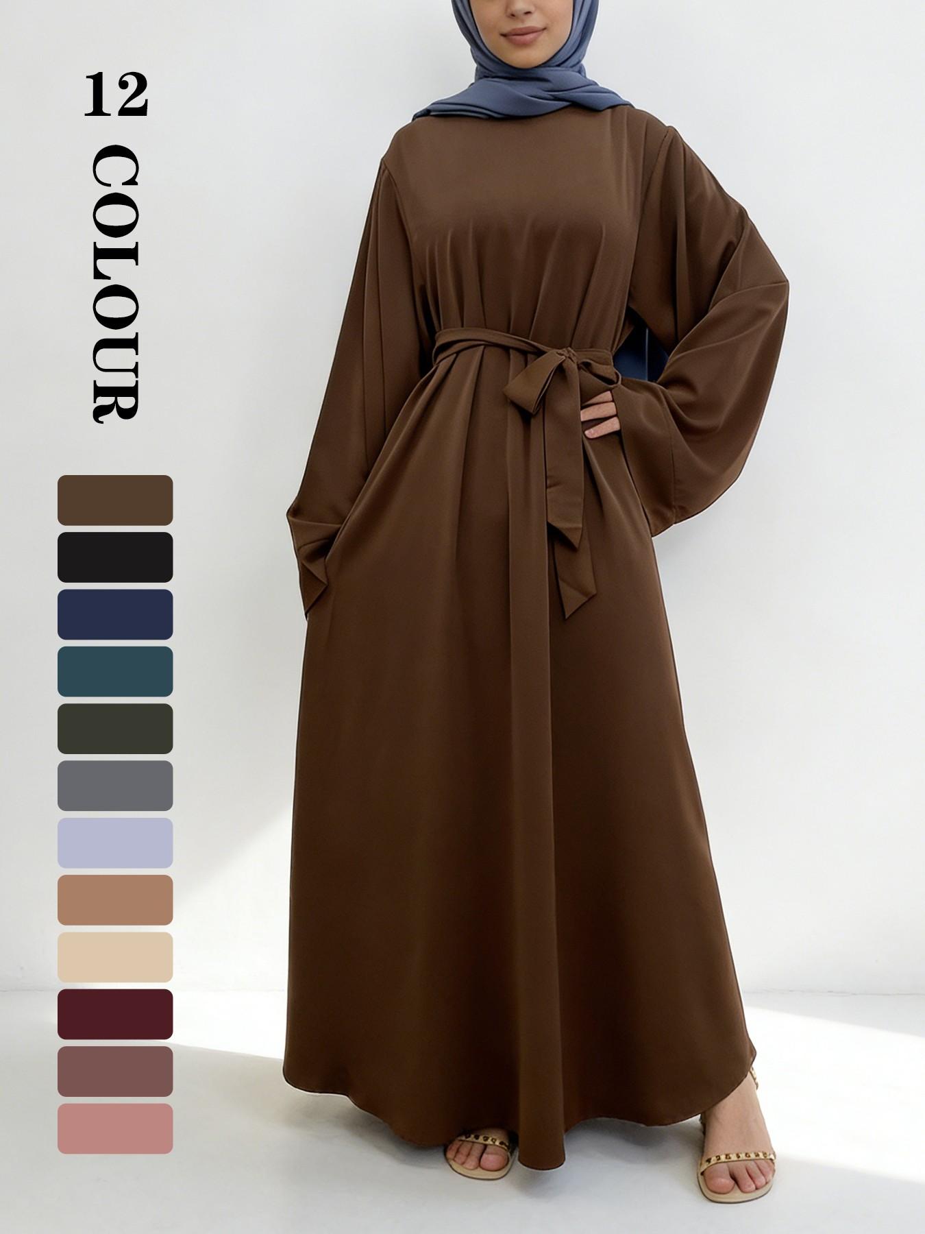 Muslim Modest Fashion Simple Nida High-Quality Long Sleeve Wide Sleeve Dress with Waist Belt, No Hijab Included, 12 Colors, 5 Sizes Available EID Ramadan Dress, Muslim Evening Dress