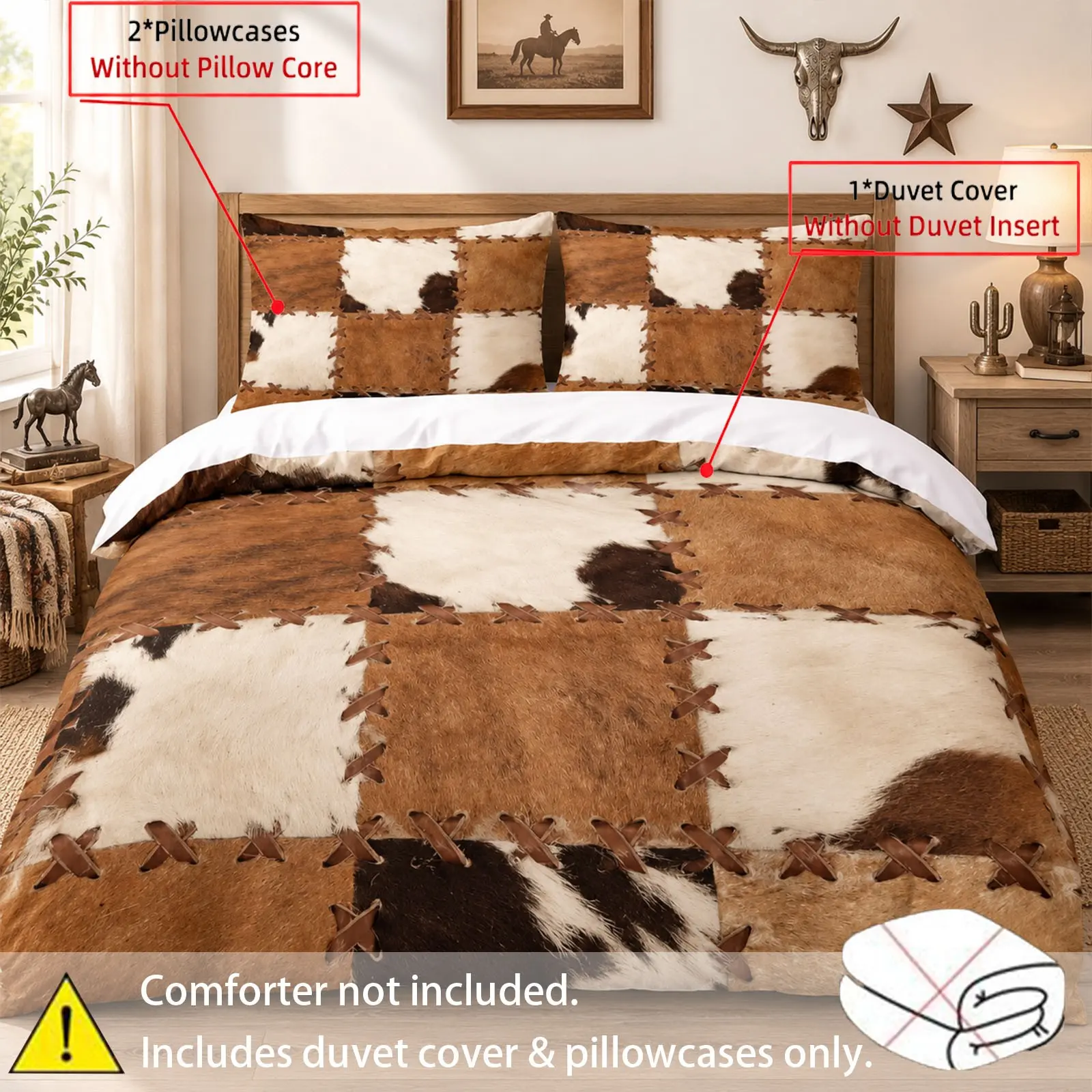3Pcs Cowhide Patchwork Print Duvet Cover Set, Western Retro Rustic Bedding Set, 1 Duvet Cover + 2 Pillowcases, No Filling, Gift for Friends, Multiple Sizes for Single & Double Bed, Suitable for Bedroom Dorm Guest Room Hotel Apartment