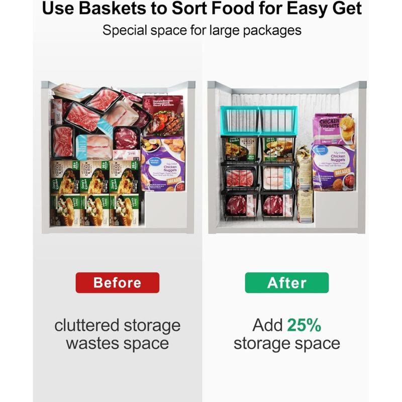 Chest Freezer Basket - 8 Pack Small Stackable Freezer Bins for Most 7 Cu.FT Deep Freezer Sort Frozen Food, Deep Freezer Organizer Bins with Handles Easy to Get Food from Bottom, Black