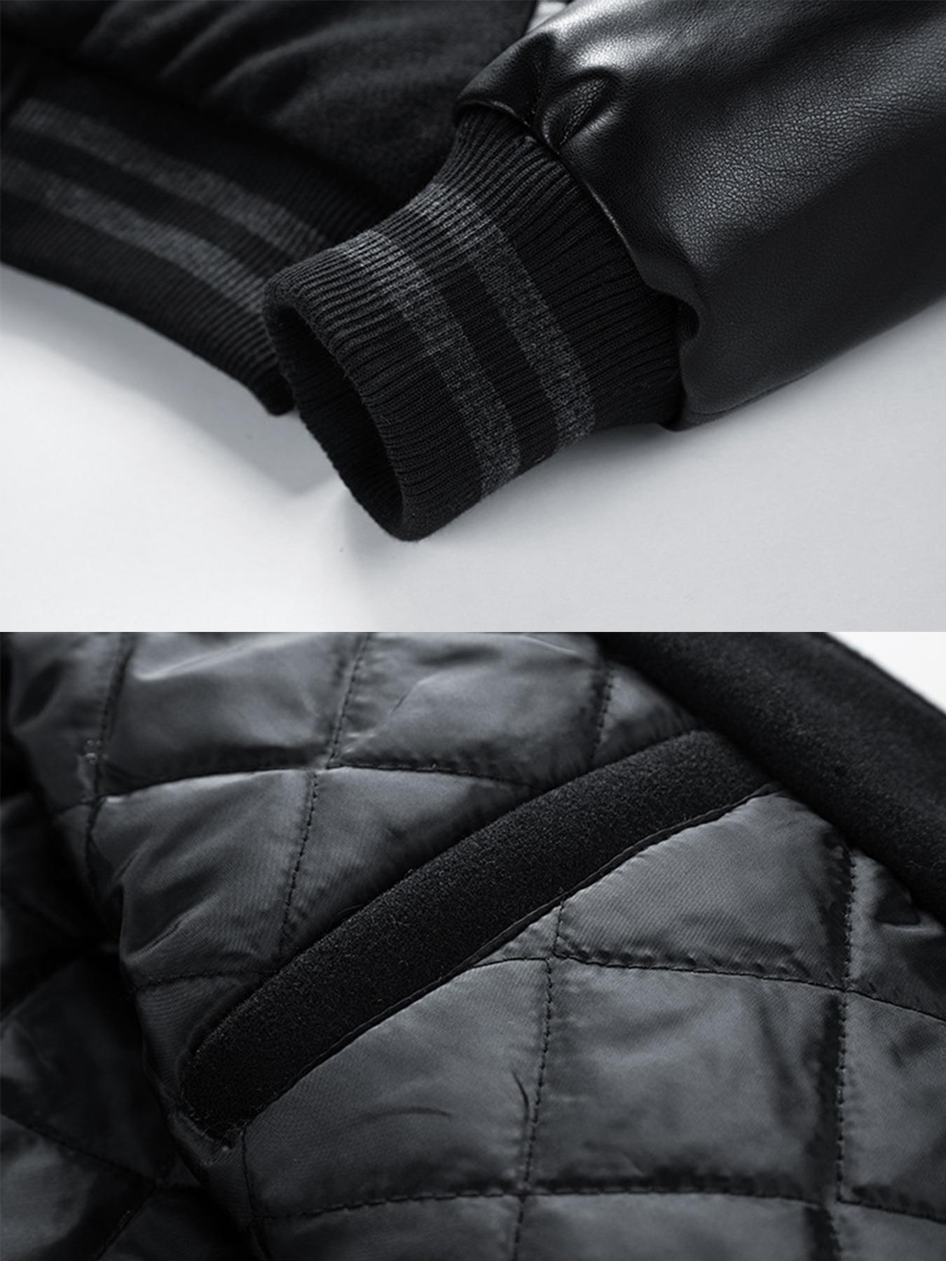 Men's Letter Patched Pocket Button Front Varsity Jacket, Casual Regular Fit Long Sleeve Stand Collar PU Leather Jacket Coat for Fall Winter