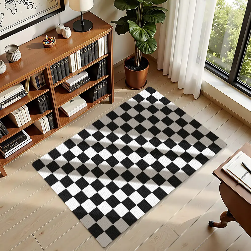 Black‑White Checkerboard Flannel Indoor Area Rug #CheckerboardRug #SimpleGridMat #FlannelCarpet #ModernMinimalistDecor