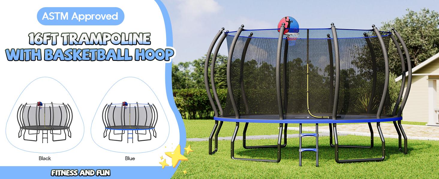 VanAcc 8FT 10FT 12FT 15FT 14FT 16FT Outdoor Trampoline with Enclosure Net and Ladder, Recreational Trampolines for Kids and Adults, Quick Connect Frame, ASTM Approval