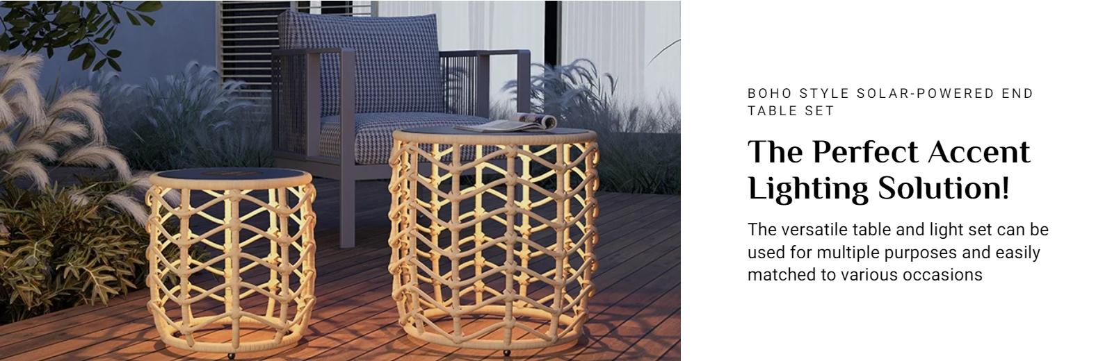 GRAND PATIO Wave Outdoor Nesting Tables Built-in Solar Lights Set of 2, Weather-Resistant Wicker, Boho Style for Patio and Porch, Natural Round Design Furniture Aesthetic