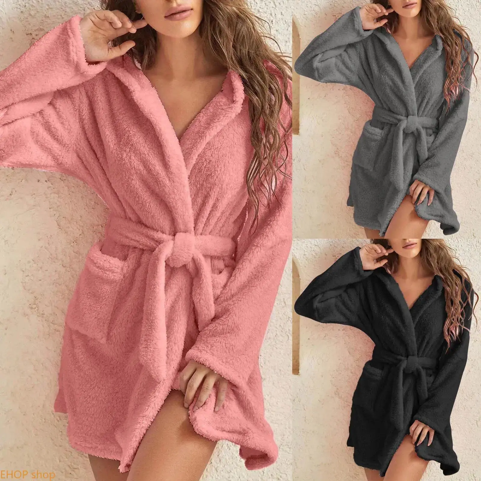 Women’s Hooded Plush Fleece Robe, Casual Loose Fit Loungewear for Home & Bedtime, Soft Fluffy Prop 65 Certified Bathrobe for Indoor Relaxation