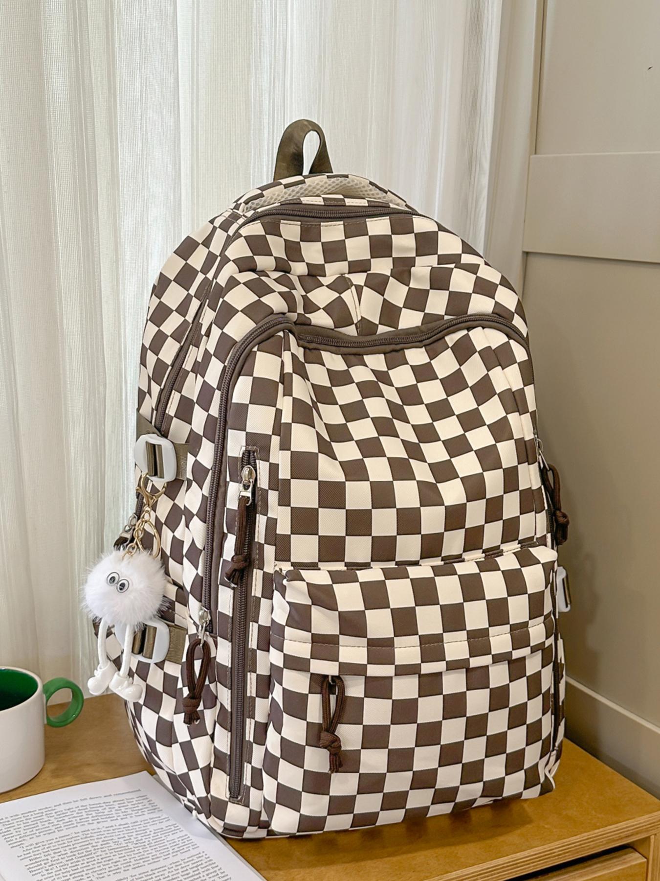 1pc  Women's backpack with large capacity, zipper closure, checkered pendant, fashionable and versatile, suitable for students to go to school, campus, go to work, commute, women's backpack, Plaid Pattern Backpack