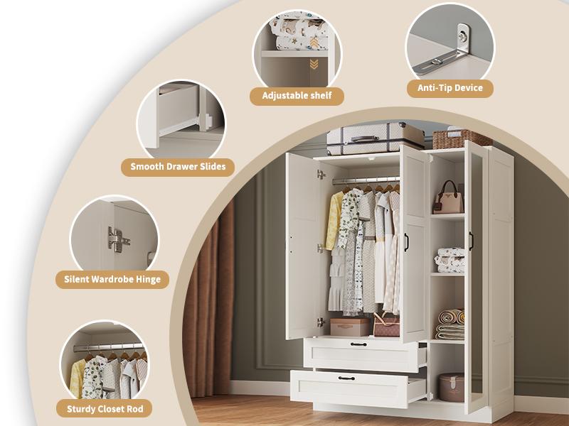FUSOU 5-in-1 Wardrobe Closet with Full Length Mirror and 2 Drawers, Freestanding Storage Cabinet with Adjustable Shelves, Modern White Wood Armoire for Bedroom Organization FUSOU 5-in-1 Wardrobe Closet with Full Length Mirror and 2 Drawers, Freestanding Storage Cabinet with Adjustable Shelves, Modern White Wood Armoire for Bedroom Organization