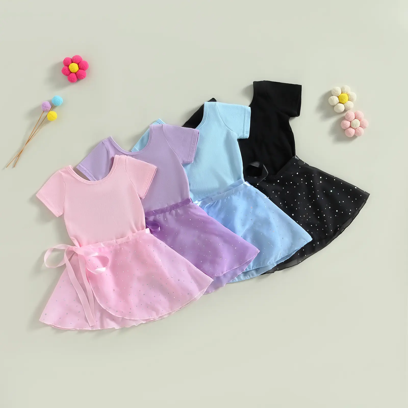 Toddler Girls Ballet Leotards Short Sleeve Dance Dress Outfit with Removable Skirts Ballet Dance Practice Set 2-10Y