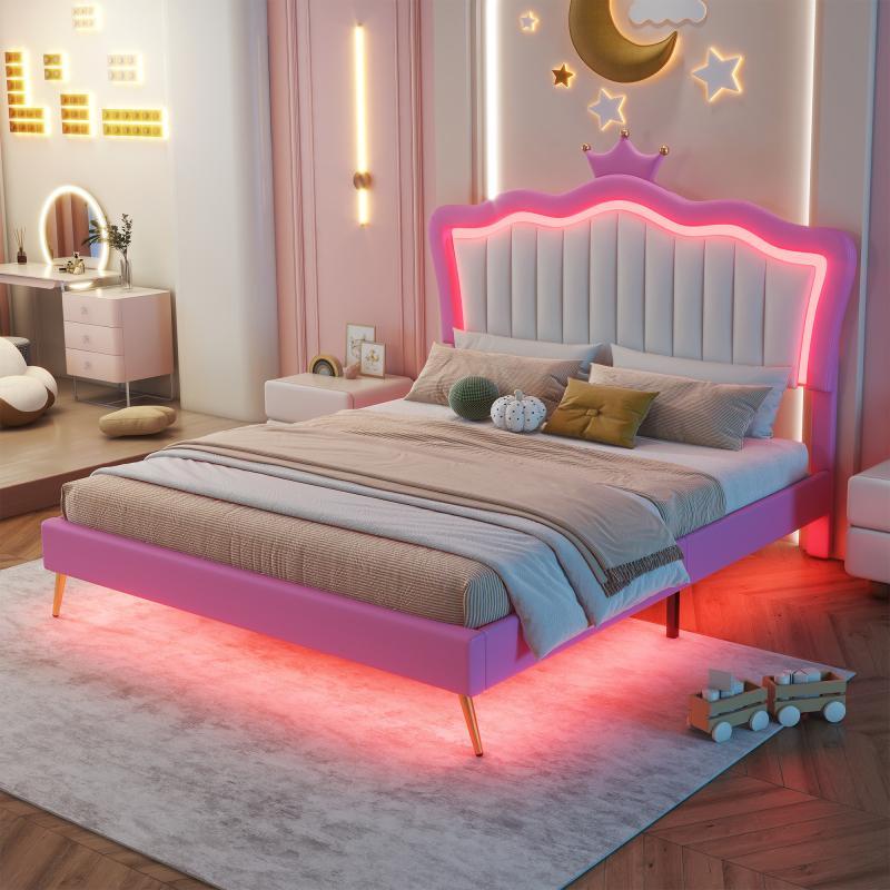 [Bellewave] Twin/Full/ size upholstery bed frame with LED lights, modern upholstery princess bed with Crown headboard, Pink + White