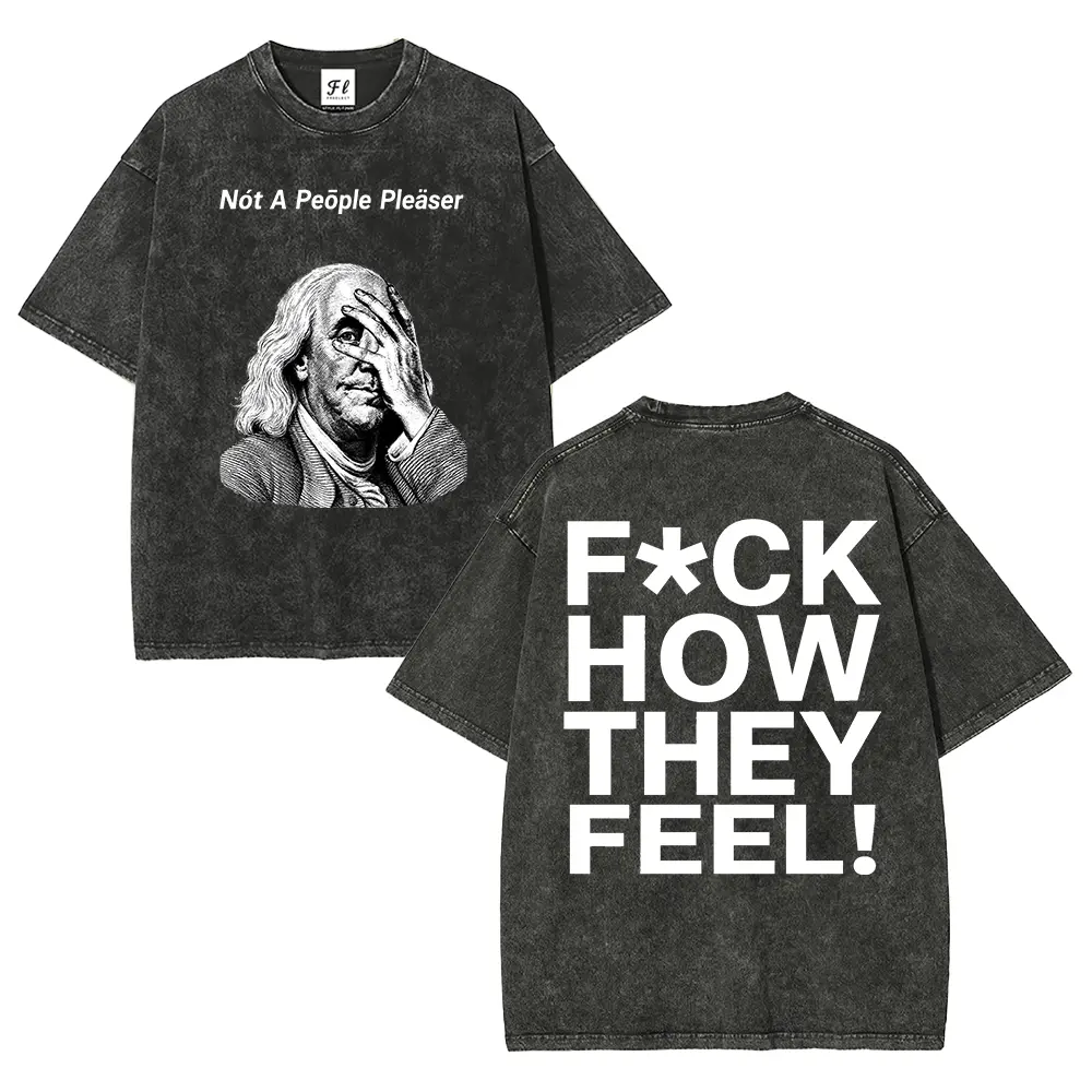 Men's Benjamin Franklin Printed Face Cotton T-shirt - Double-side Satirical Art, Vintage-washed, Soft Comfortable Relaxed Fit, Round Neck, Machine Wash, Suitable for Casual Street Style, Daily Wear