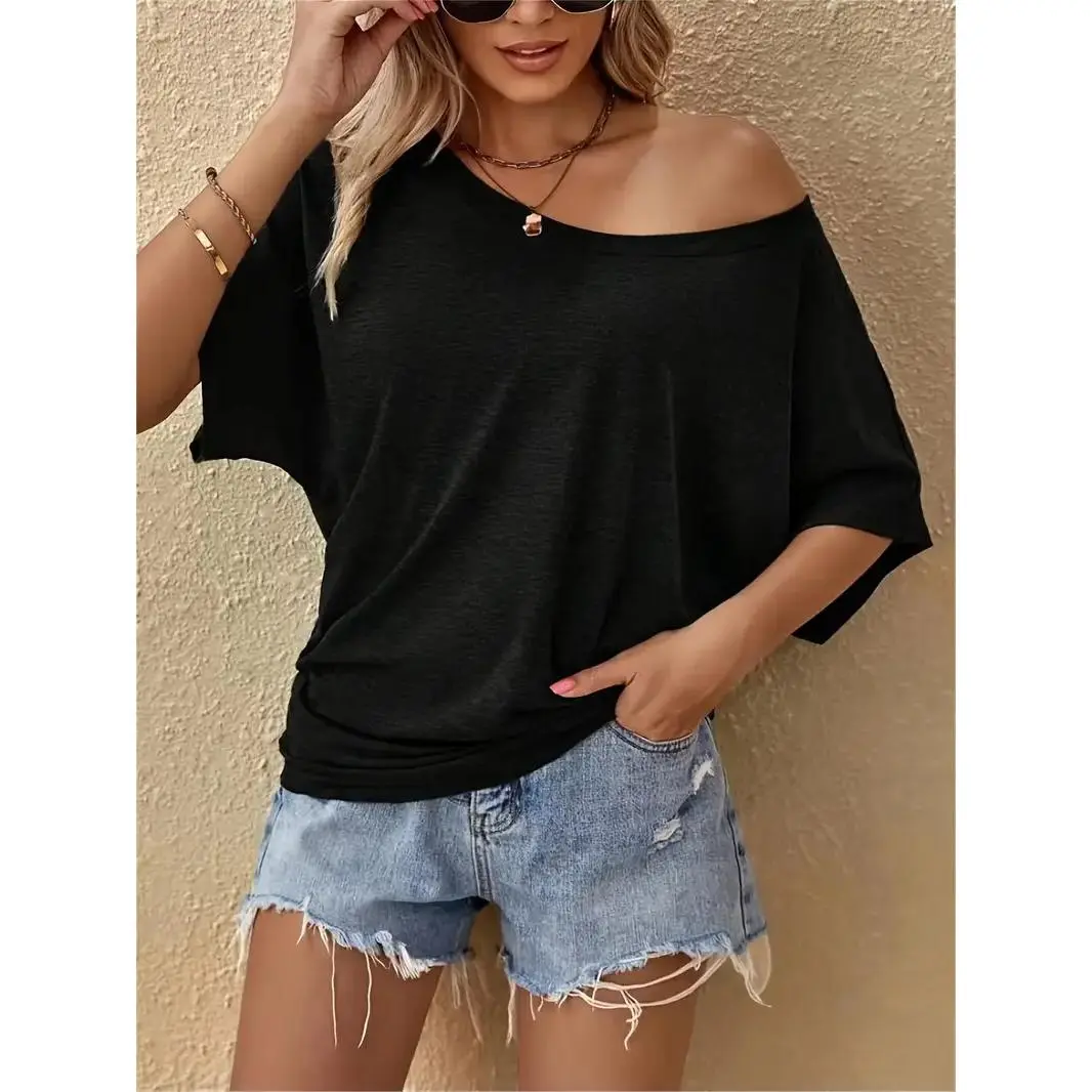 Women's Minimalist Casual Off-Shoulder Batwing Short-Sleeve Oversized Slouchy Basic T-Shirt - Boat Neck Dolman Tunic Pullover Blouse for Summer Everyday Comfy Wear (No Pocket)