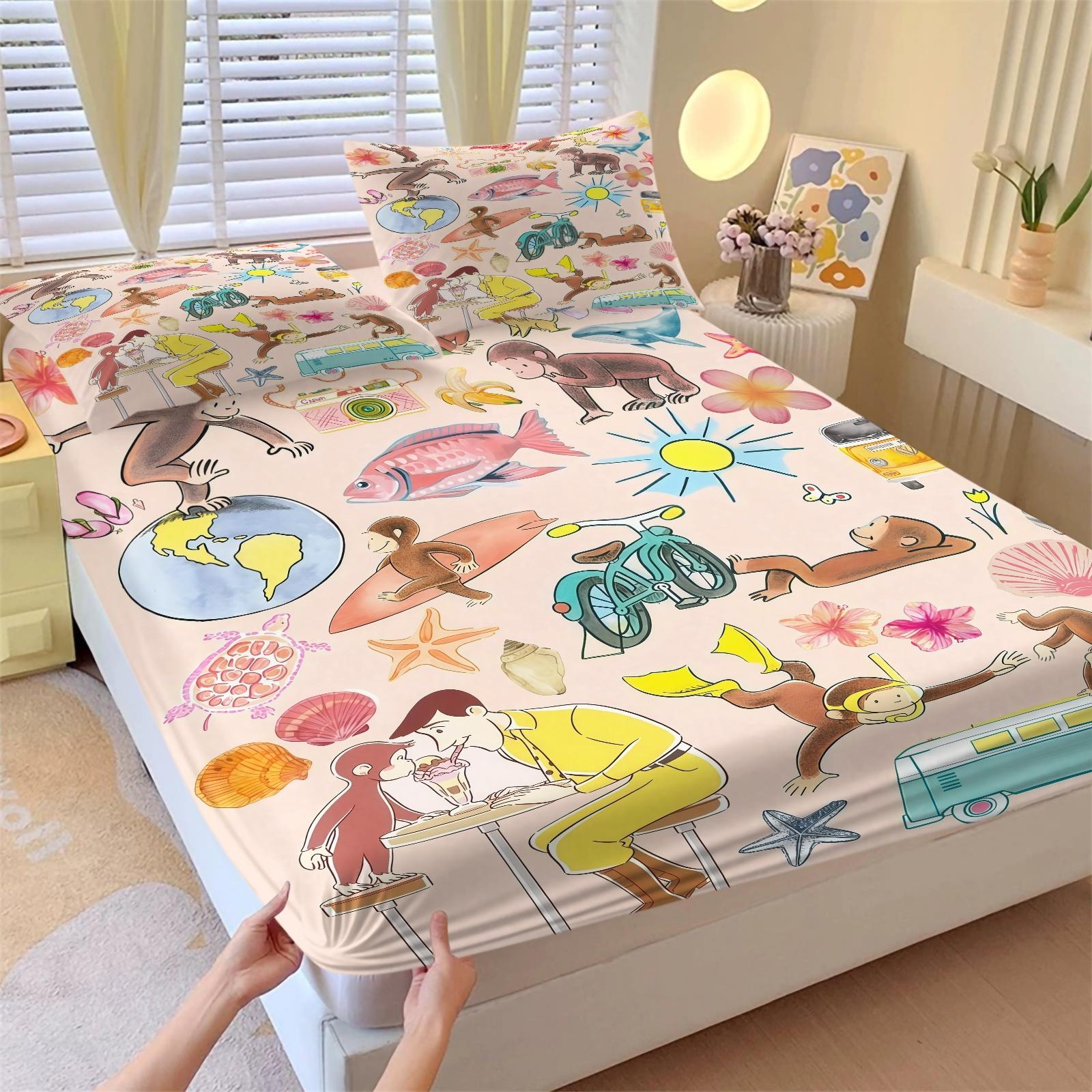 3 Piece Curious George Fitted Sheet Set, 1 Fitted Sheet + 2 Pillowcases, Cute Cartoon Monkey Biking Summer Adventure Bedding, Kids Bedroom Decor for Boys Girls Teens, Ideal Gift for Curious George Fans