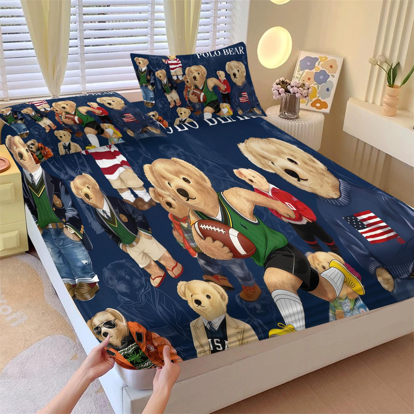 3-Piece Polo Bear Pattern Fitted Sheet Set, Soft And Durable Bedding Set Includes 1 Flat Sheet And 2 Pillowcases, Daily Holiday Birthday Gift Bedroom Decorations For Kids And Adults